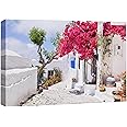 wall26 Canvas Print Wall Art Santorini Greece Pink Flowers Nature Wilderness Photography Realism Landscape Scenic Bohemian Rustic Countryside Cityscape for Living Room, Bedroom, Office - 16"x24"