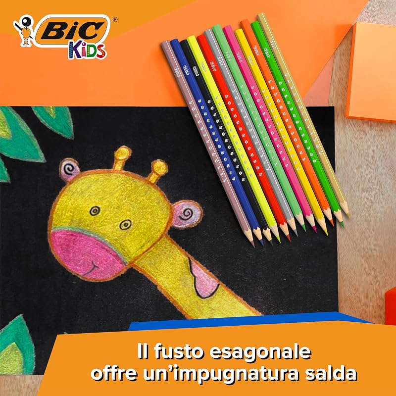 Matite per colorare BIC Kids Smooth realizzate al 100% con legno proveniente da fonti responsabili - Colori standard, metallizzati, pastello e fluo assortiti, Confezione da 54