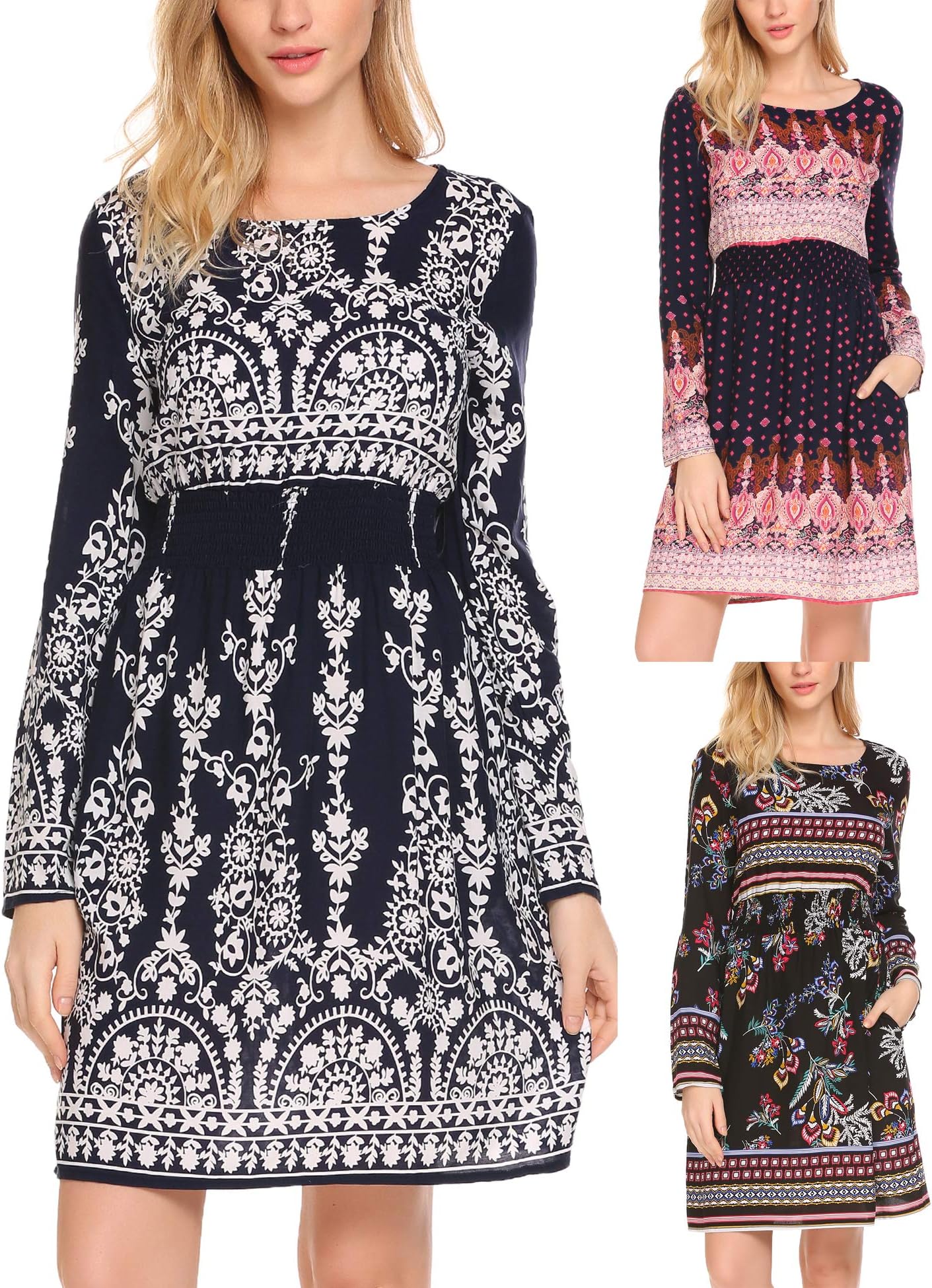 Tinkwell Womens Crew Neck Ethnic Printed Casual Mini Dress Boho Printed Dress, Floral 1, X-Large