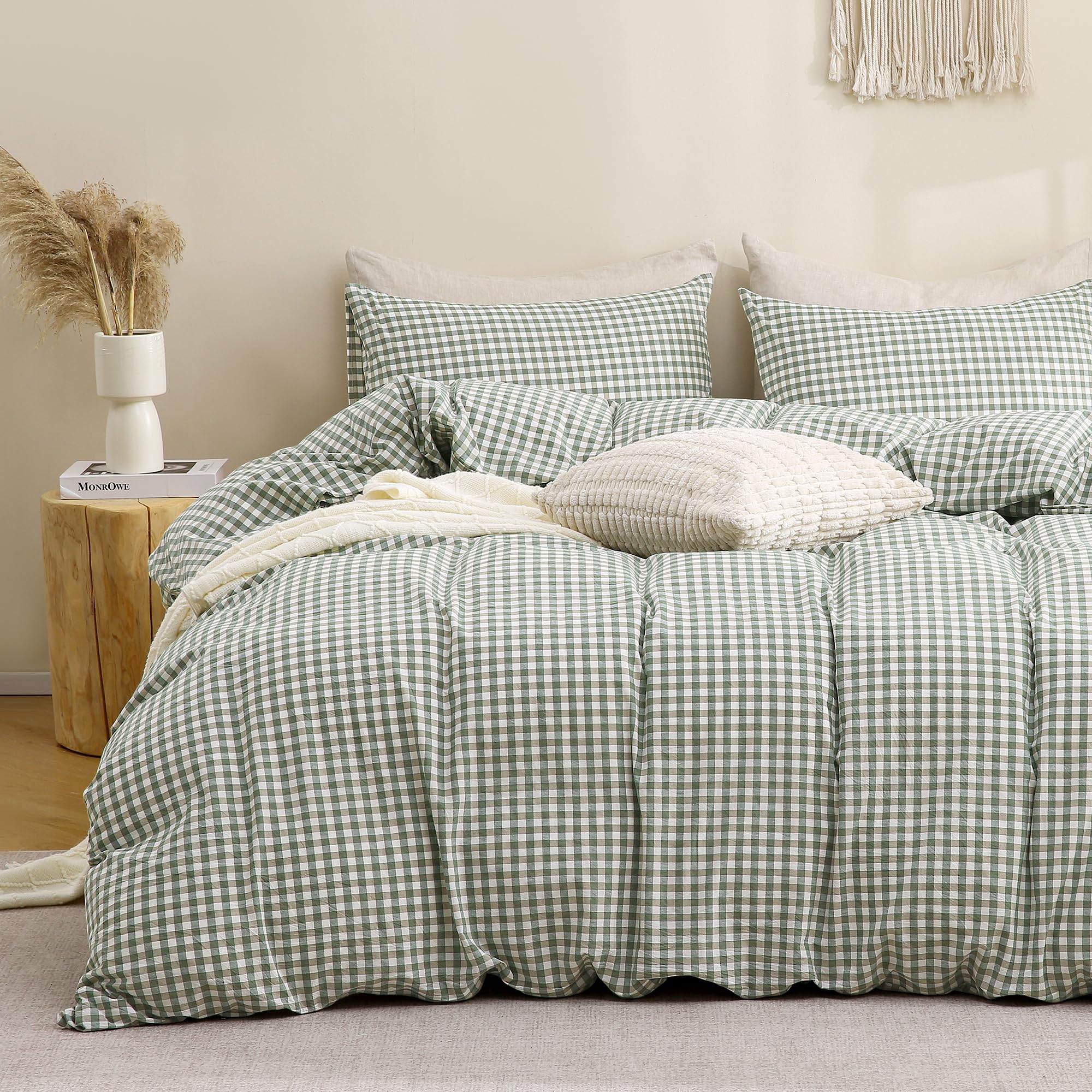 Photo 1 of TOCOMOA Green Gingham Duvet Cover Bedding Set 100% Washed Cotton Like Linen Feel Super Soft Comfortable 3 Piece Vintage Plaid Checkered Comforter Cover Set (Full 80"x90", Comforter Not Included)