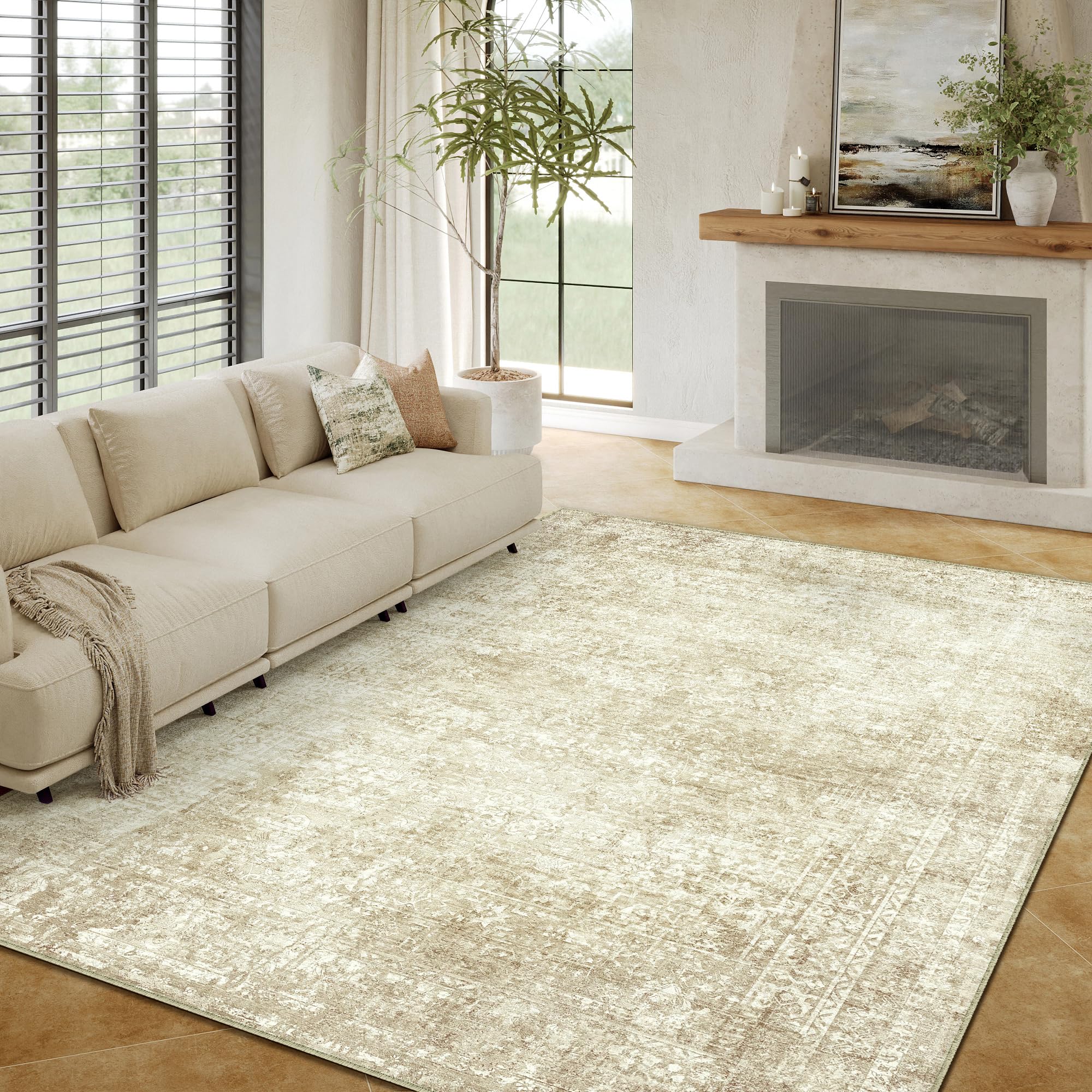 PureCozy Area Rug 6x9 Beige Washable Non-Slip Lightweight Floral Vintage Distress Print Rug for Living Room Low Pile Soft Throw Indoor Carpet for Office College Dorm Laundry Dining Room Bedroom Image