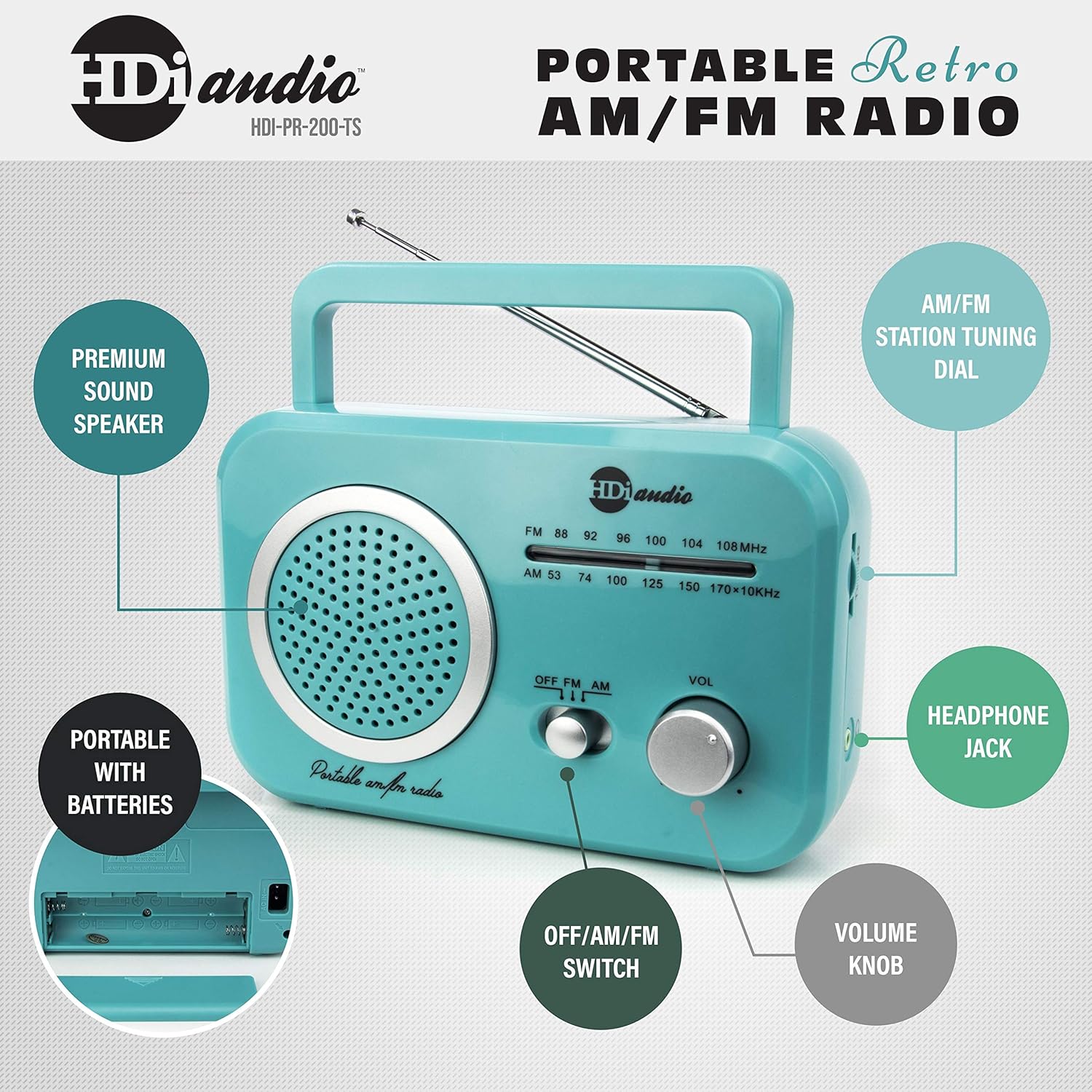 HDi Audio Radio Teal/Silver Premium Home Vintage Portable Retro Radio Classic AM/FM Radio with Built in Speakers + Headphone Jack: Home Audio & Theater