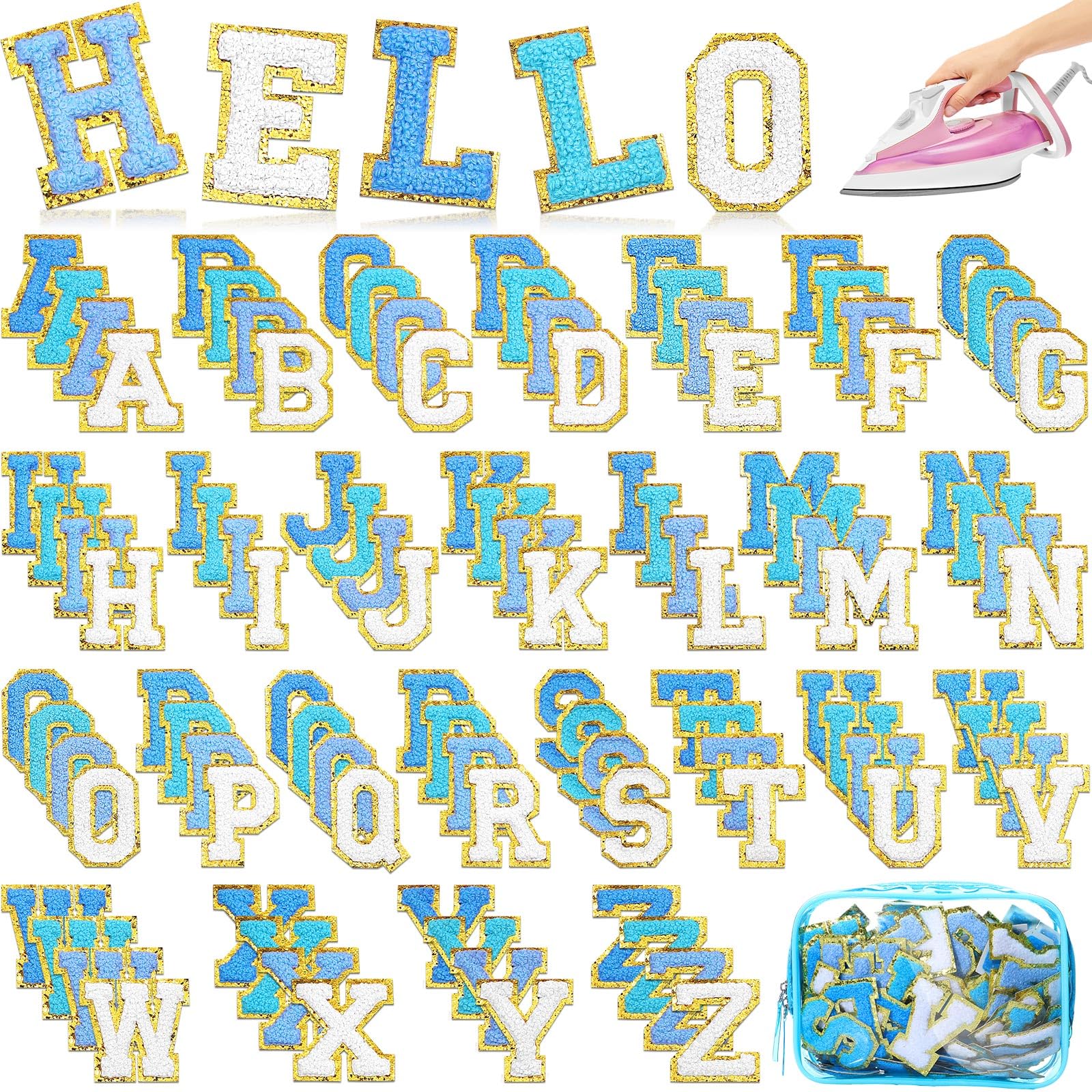 Photo 1 of Fanfanwin 105 Pcs Chenille Letter Patches Self Adhesive Iron on Colorful Chenille Embroidered Patches with Gold Glitter Jean Stickers for Clothing Hat Backpack Bag Jacket (Blue Gradient Series)