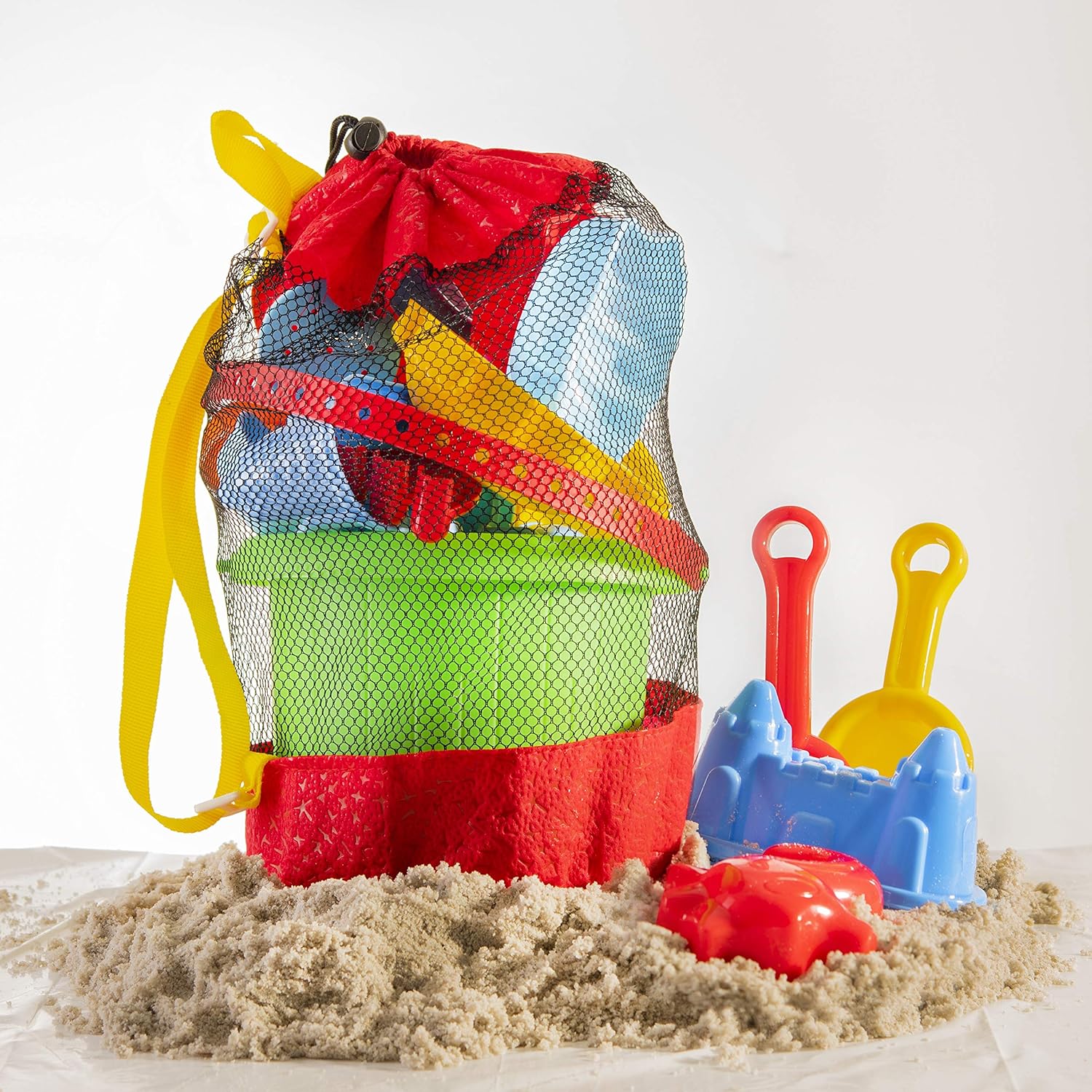 Prextex 19 Piece Beach Toys Sand Toys Set, Bucket with Sifter, Shovels, Rakes, Watering Can, Animal and Castle Molds in Drawstring Bag: Toys & Games