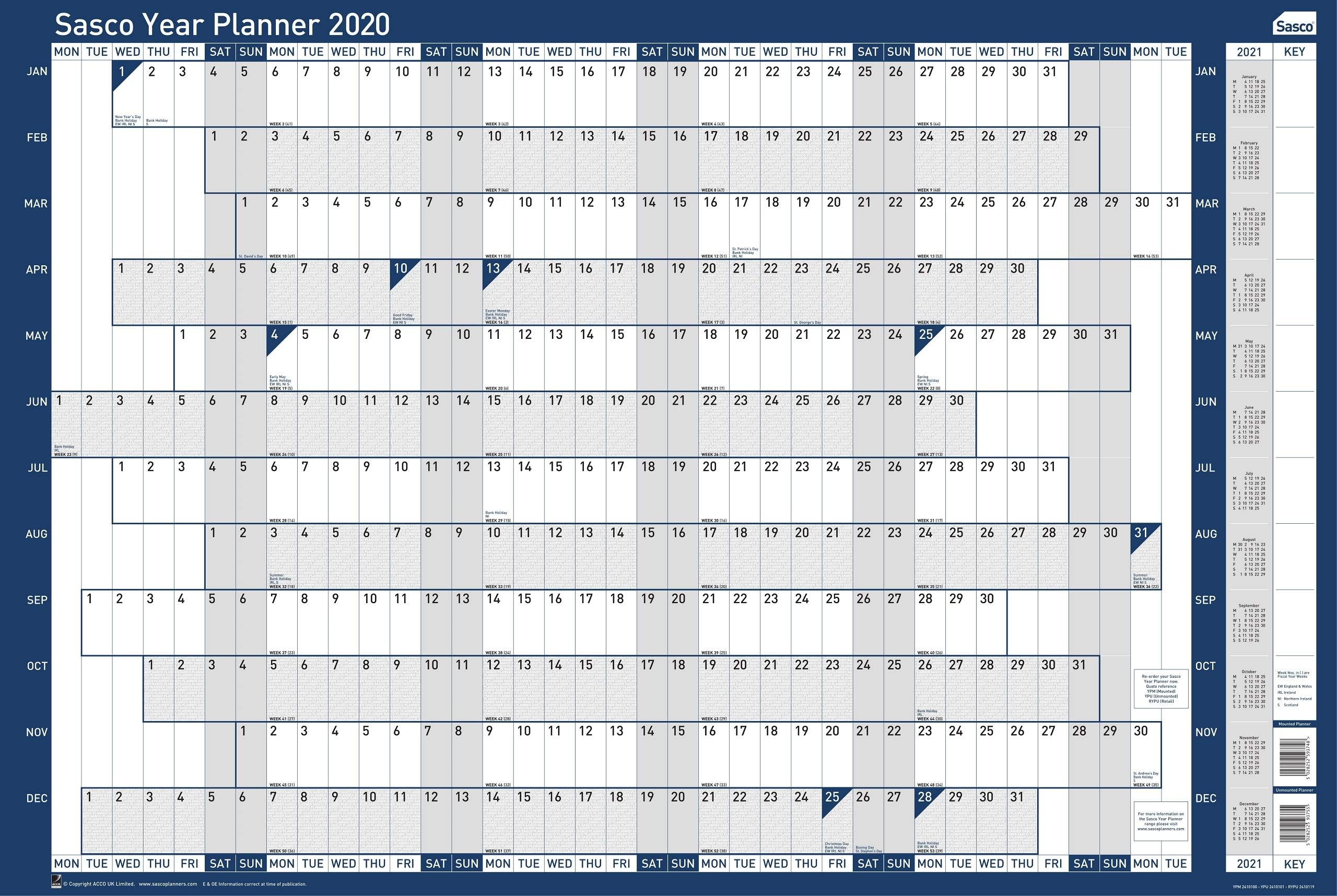 Sasco 2410101 2020 Poster Style Year and A1 Wall Planner with Wet Wipe Pen & Sticker Pack, 610 x 915 mm (H x W)