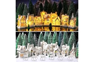 Kasyat 41 Pcs Christmas Village Set Christmas Village Accessories Led Lighted Christmas Village White Houses with Xmas Tree Deer Streetlight Figurines Crafts Christmas Town Scene Desktop Ornaments