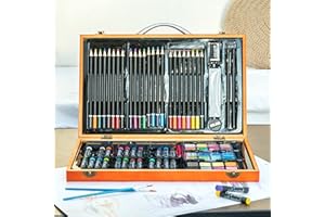 MAHITOI US 80+Piece Deluxe Artist Studio Creativity Set Wood Box Case - Art Painting, Sketching Drawing Set, 24 Watercolor Paint Colors, 24 Oil Pastels, 24 Colored Pencils, 2 Brushes, Starter Kit