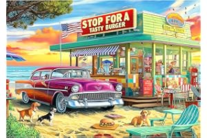 Blueforest Vintage Beach Hamburger Store 1000 Piece Puzzle for Adults & Teens - Challenging Retro Diner Jigsaw with Coastal Decor | Gift-Ready Wall Art for Game Nights