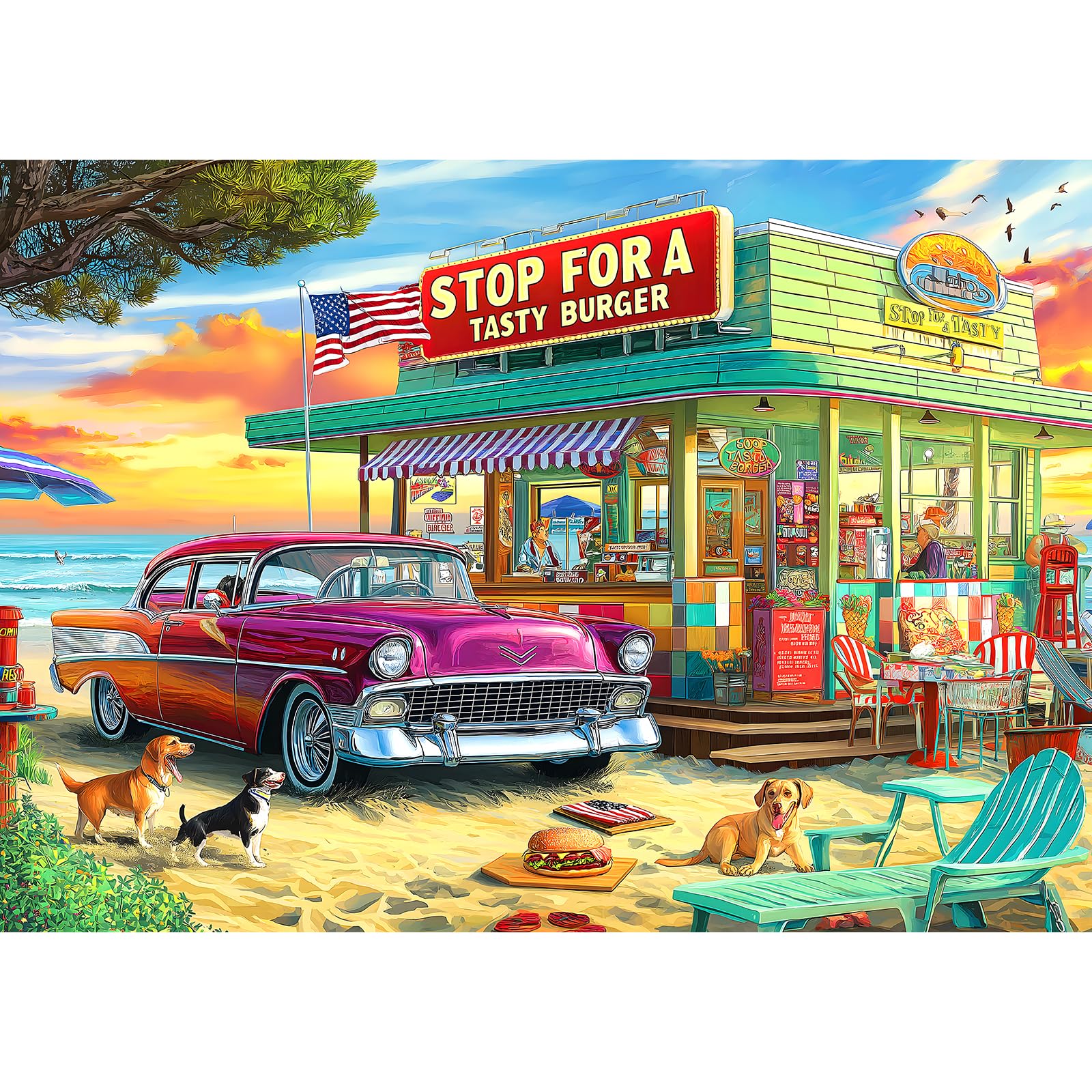 Photo 1 of Blueforest Vintage Beach Hamburger Store 1000 Piece Puzzle for Adults & Teens - Challenging Retro Diner Jigsaw with Coastal Decor | Gift-Ready Wall Art for Game Nights