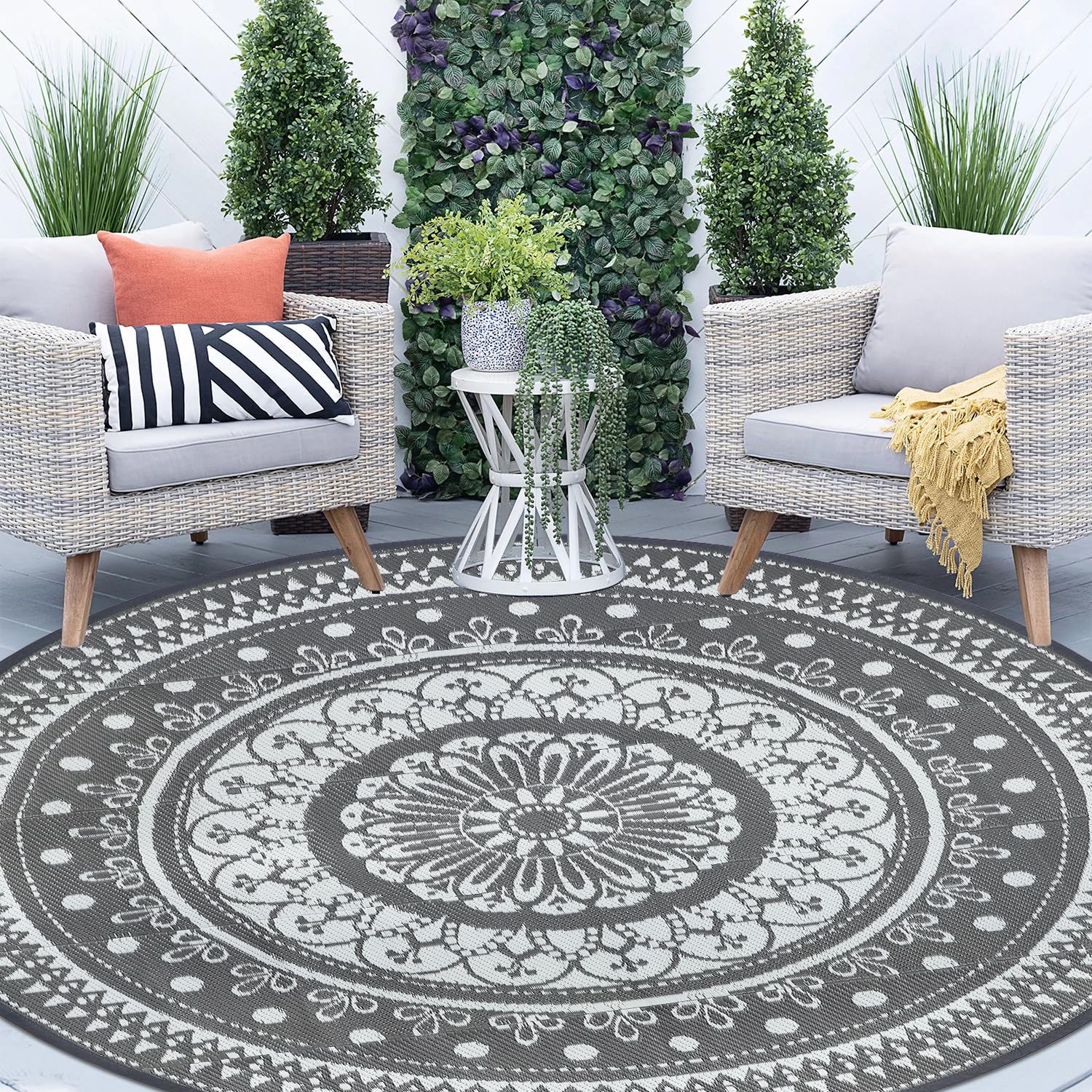 Cekene Round Outdoor Rug Waterproof Large 180cm Grey Reversible Garden Rug Plastic Easy Clean Area Floor Mat for Outdoors Patio Garden RV Trailer Backyard Deck Picnic