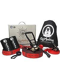 ZenMonkey Slacklines Kit with Training Line, Arm Trainer, Pro-grade Ratchet, Heavy Duty Tree Protectors, Cloth Carry Bag and Instructions, 60 Foot - Easy Setup for the Family, Kids and Adults