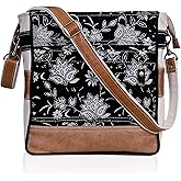 CLA Bags SEL de MER Upcycled Off-White Blossom Print Canvas & Leather Shoulder Bag, Canvas Crossbody Bags for Women (Black)