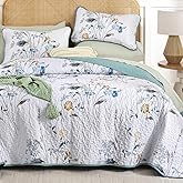 WONGS BEDDING Teal Floral Quilt Set King Size, 3 Pieces Botanical Plants Pattern Bedspread Coverlet Set with 2 Pillowcases, Soft Lightweight Microfiber Bedding Set for All Season(104"×90")