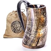 Norse Tradesman Original LG Viking Drinking Horn Mug - 100% Authentic Beer Horn Tankard With Natural Surface & Burlap Gift Sack | The Original, Low Polish, approx. 16 oz
