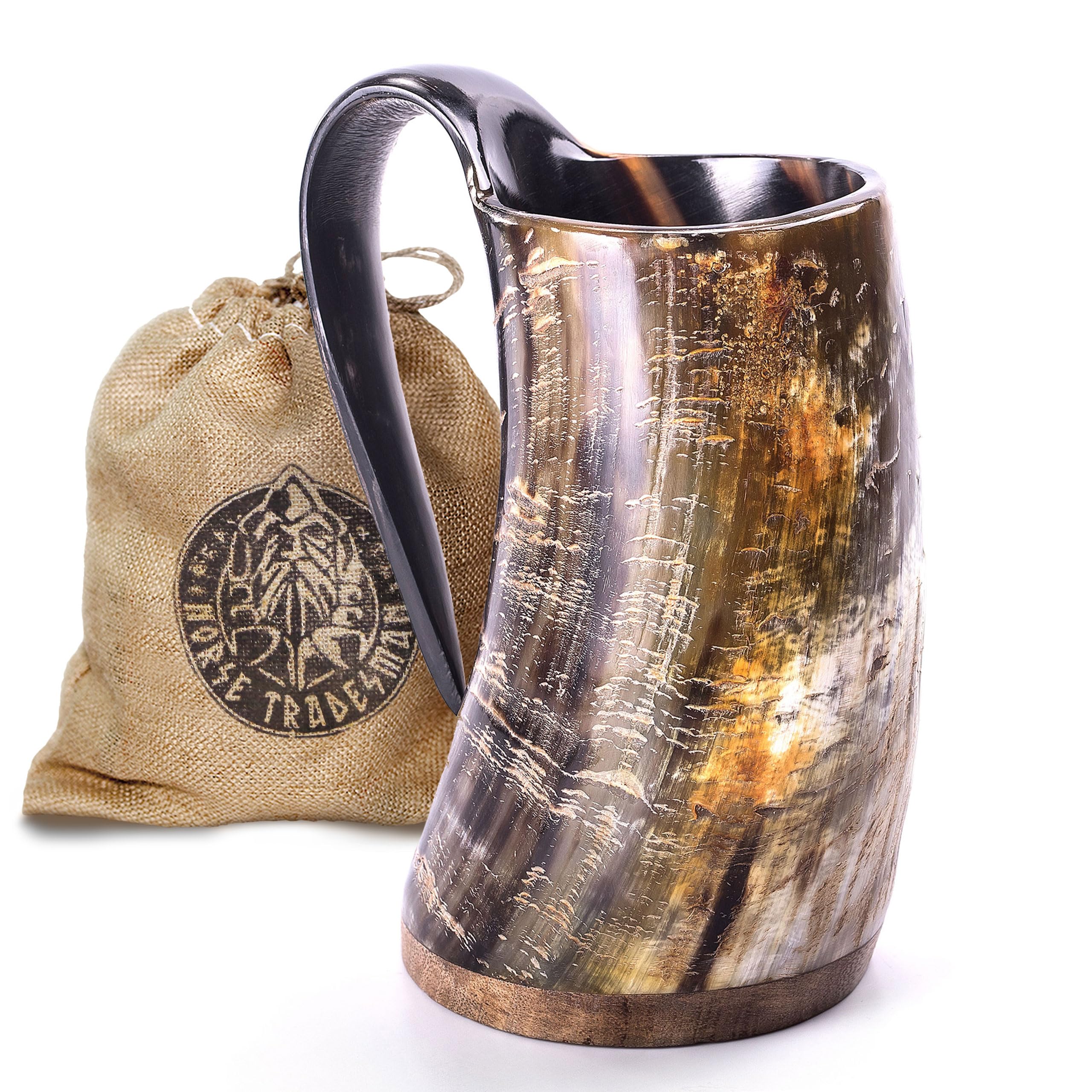 Norse Tradesman Original LG Viking Drinking Horn Mug - 100% Authentic Beer Horn Tankard with Natural Surface & Burlap Gift Sack | The Original, Unpolished, Approx. 1 Pint