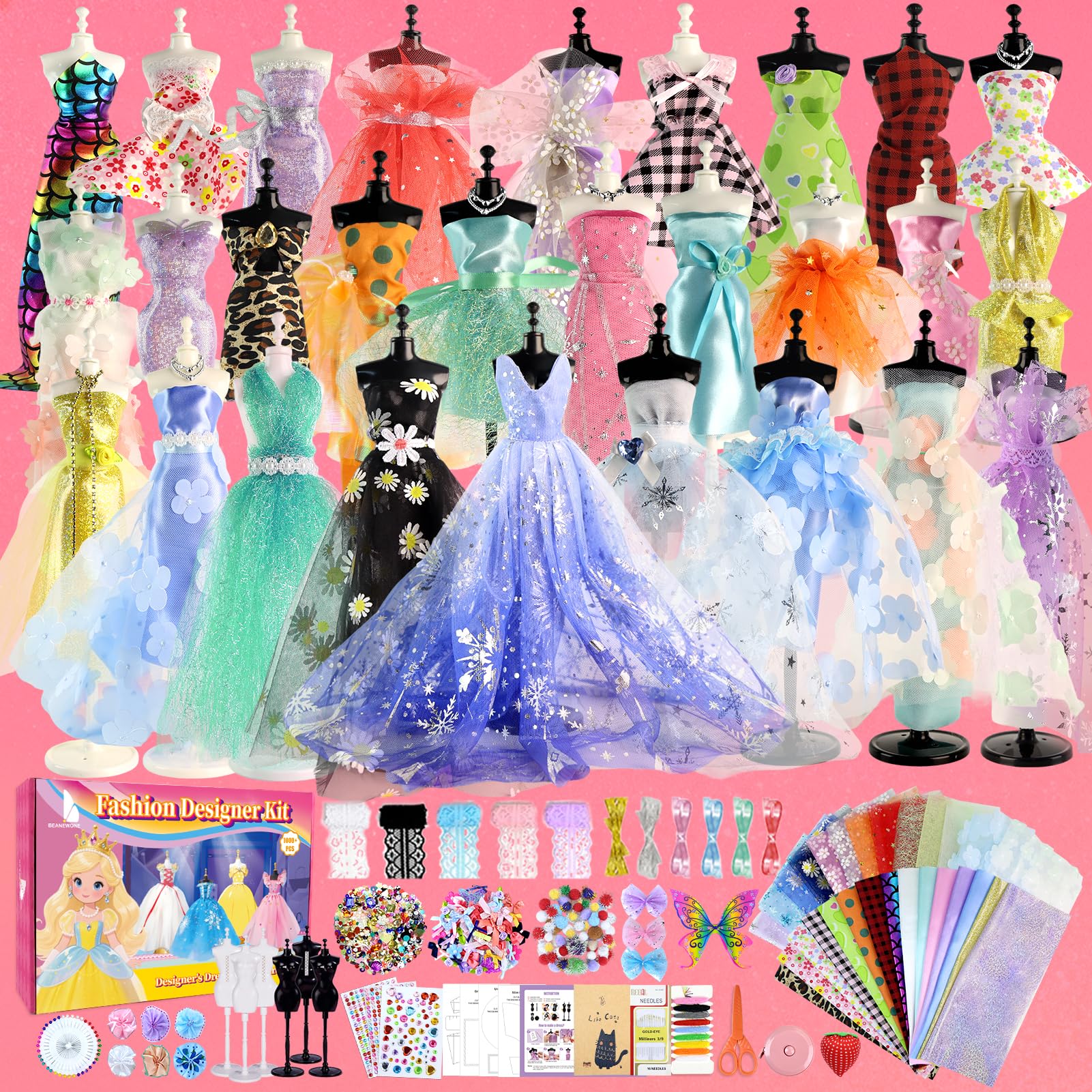 Beanewone Fashion Designer Kit for Girls 1000+Pcs, Arts and Crafts for Kids Age 10, with 30Pcs Fabrics and 6 Mannequins, Sewing Kits for Kids Ages 8-12, Girls Toys Age 6 7 8 9 10 11 12+