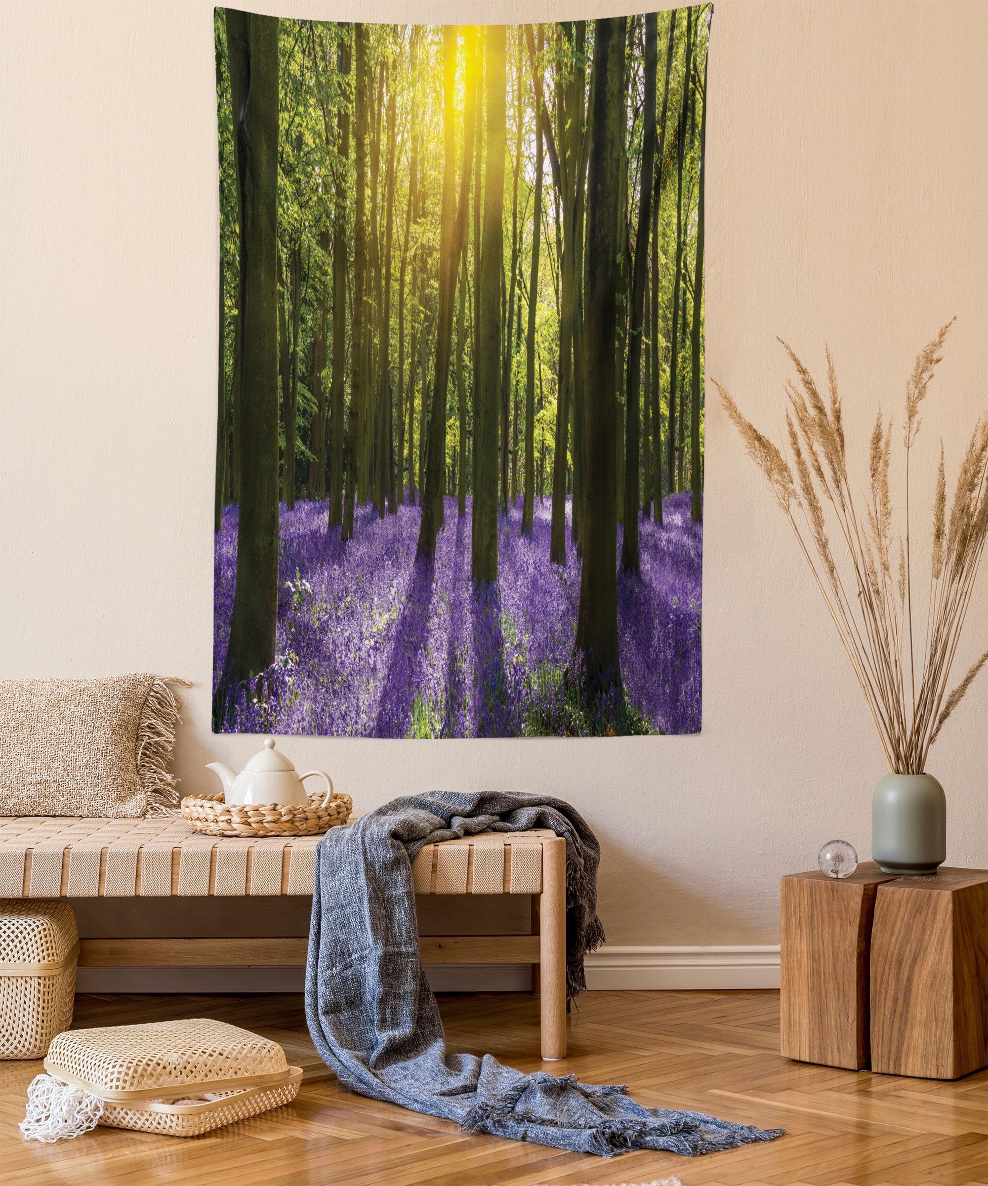 ABAKUHAUS Woodland Tapestry, Sunbeams in the Forest of Bluebells Blooms Deep in Woodland Oxfordshire, Fabric Wall Hanging Decor for Bedroom Living Room Dorm, 54 W X 90 L, Violet Green Yellow