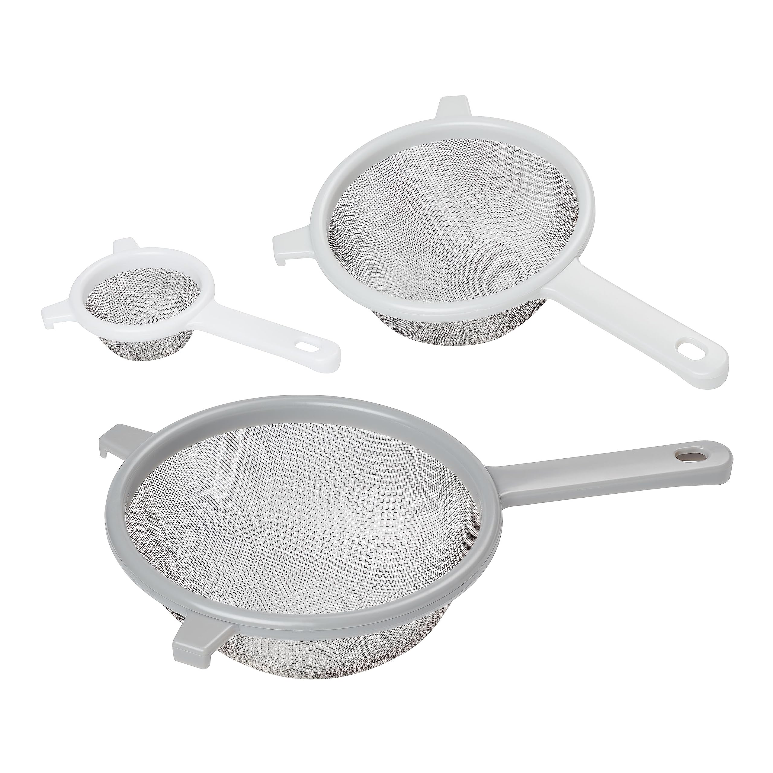 Tala Kitchen Sieve Set, Plastic Handle Straining Sieves Measuring 8cm, 15cm and 18cm with stablising Hooks, Fine Stainless Steel which is Perfect for Sifting and Rinsing Foods