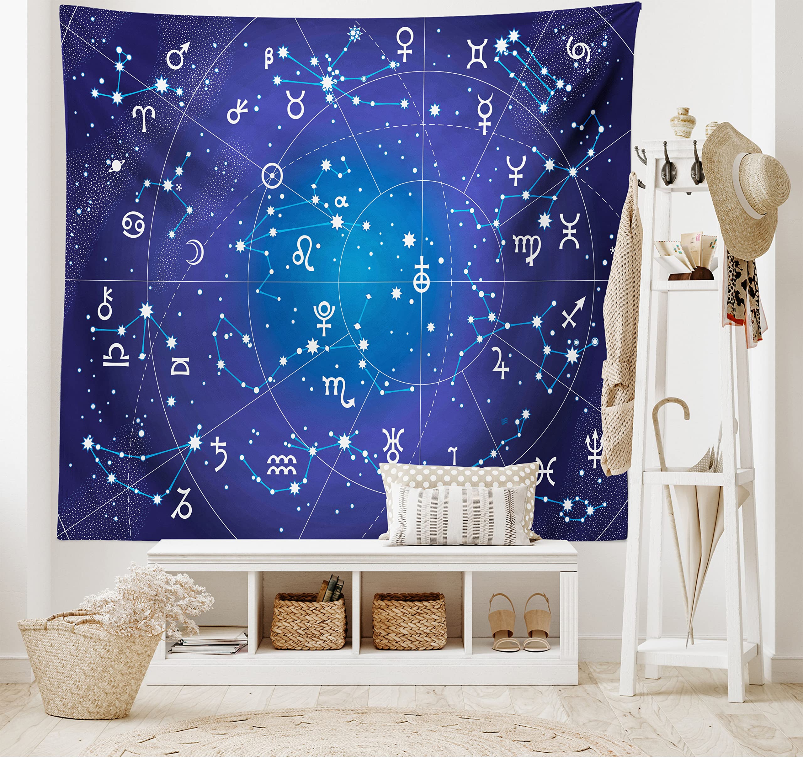 ABAKUHAUS Astrology Tapestry, Constellation of Zodiac and Planets Original Coordinates of Celestial Body Pattern, Fabric Wall Hanging Decor for Bedroom Living Room Dorm, 90 W X 54 L, Dark Blue