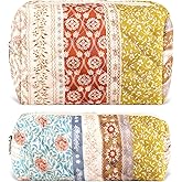URSKYTOUS 2Pcs Floral Makeup Bag for Women Cotton Quilted Coquette Cosmetic Bag Cute Zipper Mixed Flower Makeup Pouch Aesthetic Portable Pencil Pouch Travel Toiletry Bag Trendy Cloth Skincare Bag