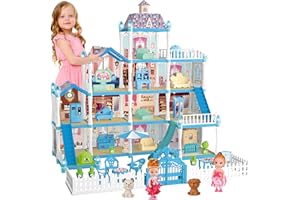 OCTERIC OCRETIC Doll House for Girls,13 Rooms Dollhouse with 2 Dolls, Lights, Figure, Puppies,Furnitures, Accessories, Toddler Playhouse Gift for for 3 4 5 6 7 8 9 10 Year Old Girls Toys (Blue)