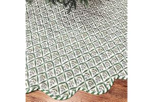 MiniInflat Quilted Christmas Tree Skirt - Vintage Floral Block Print Christmas Tree Skirt with Scalloped Edge Thicken Cotton for Home Decorations Holiday Party Gift(60 Inch,Checkered Floral,Green)