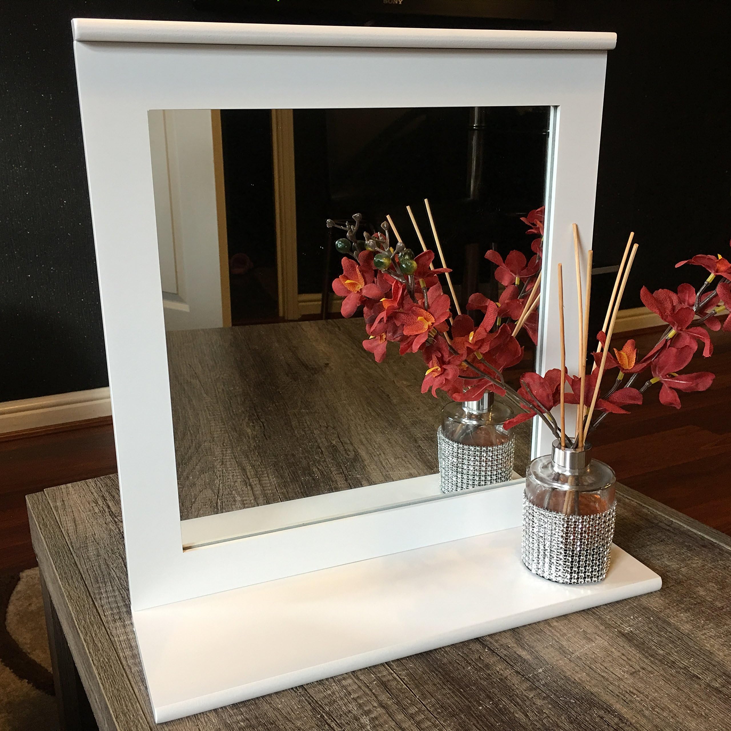 WOODEN WHITE BATHROOM WALL MIRROR WITH SHELF DRESSING TABLE VANITY WALL MIRROR
