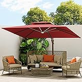 MEVBC 10 X 13 FT Cantilever Outdoor Patio Umbrella with Led Lights Large Heavy Duty 360° Rotation Double Top Offset Rectangular Umbrellas for Backyard Garden Pool Outside Deck, Red