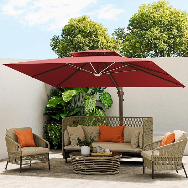 crate and barrell patio umbrella 9' Square Sunbrella Canvas White Cantilever Outdoor Patio Umbrella with  Faux Wood Metal Frame