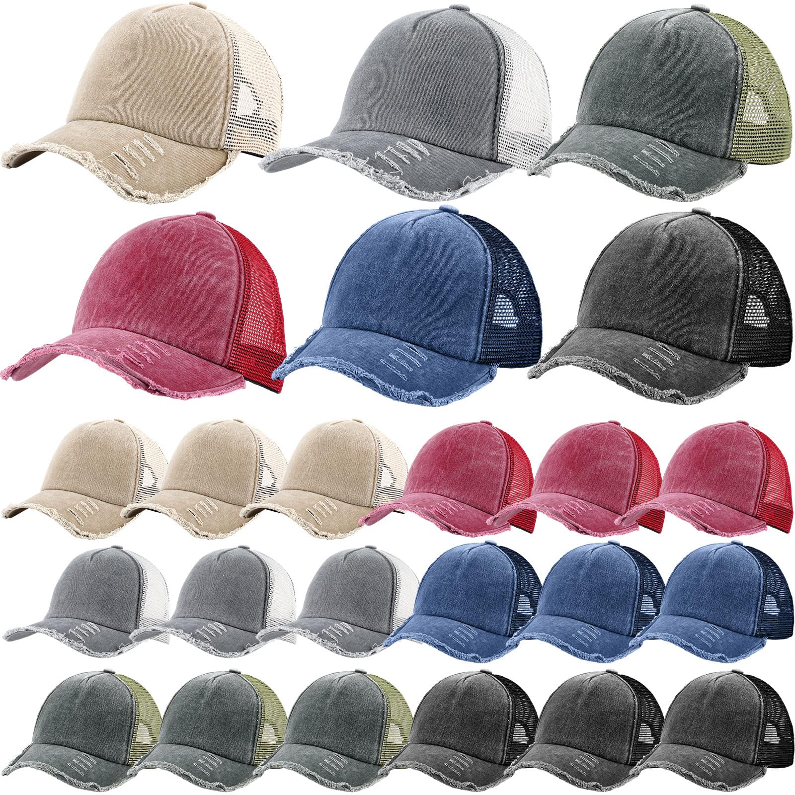Photo 1 of **PARTIAL SET/ONLY 1 JEAN COLORED** Suhine 24 Pcs Blank Baseball Caps Bulk Unisex Vintage Cap Mesh Distressed Hats Plain Adjustable Dad Hat for Women Men Trucker(Bright Color)