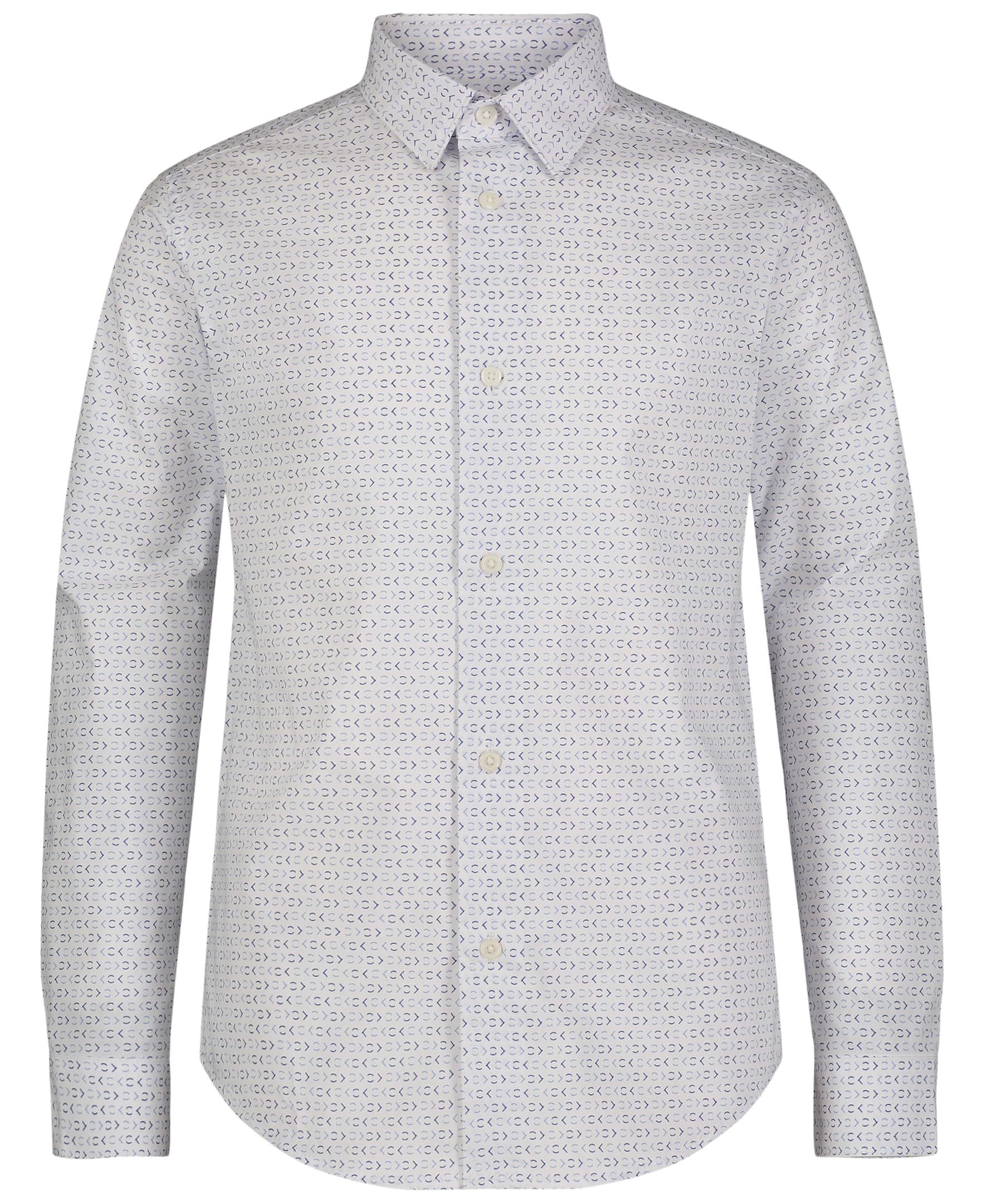 Calvin Klein Long Sleeve Patterned Dress Shirt, Button-Down Style with Cuffs & Shirttail Hem, Blue Glyph Print, 8 Image
