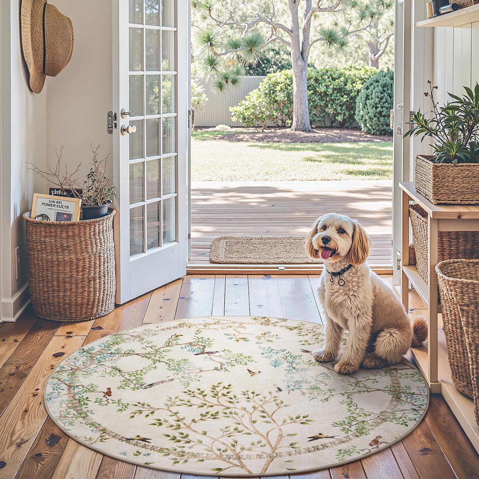 Photo 1 of jinchan Round Rugs 5ft Ivory Botanical Birds Print,Machine Washable 5' Circle Nature Plants Modern Soft Non-Slip Throw Area Rugs Ultra-Thin Low Pile Carpet for Entryway Bedroom Kitchen Kids Room