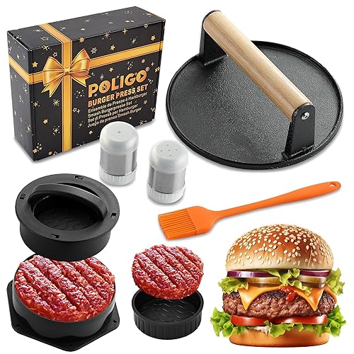 POLIGO 5PCS Smash Burger Press Kit - 4 in 1 Hamburger Patty Storage Containers,6.69" Round Cast Iron Smash Bacon Press- Non Stick Smash Burger Press Set for Grill and Griddle Cooking