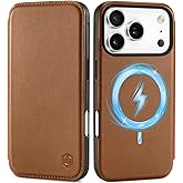 SHIELDON Real Leather Slim Case Wallet for iPhone 17 Pro 6.3-inch | Flip, Wireless Charging, Magnetic Closure, RFID Blocking Credit Card Holder, Full Protective Phone Cover - Saddle Brown