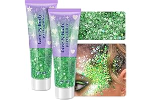 LINWULTE Holographic Body Glitter Gel, 120ml Face Shimmer Makeup for for Hair, Face, Arm, Nail, Eyeshadow, 2 Jars Chunky and Powder Mixed Iridescent Sequins Party Glitter Gel for Rave Festival (Green)
