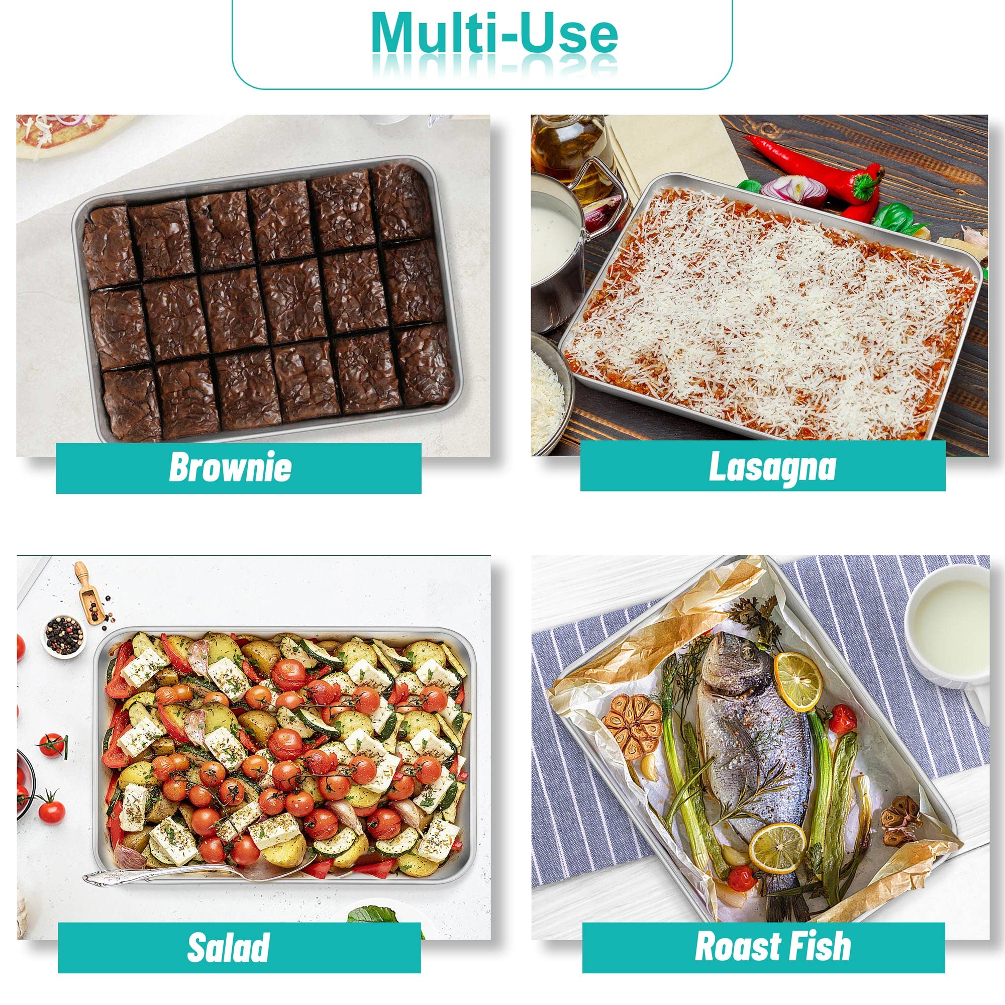 TeamFar Lasagna Pan, 12.3’’ x 9.75’’ x 2’’, Stainless Steel Rectangular Cake Brownie Casserole Pan For Roasting Baking, Healthy & Heavy Duty, Brushed Surface & Deep Side, Dishwasher Safe