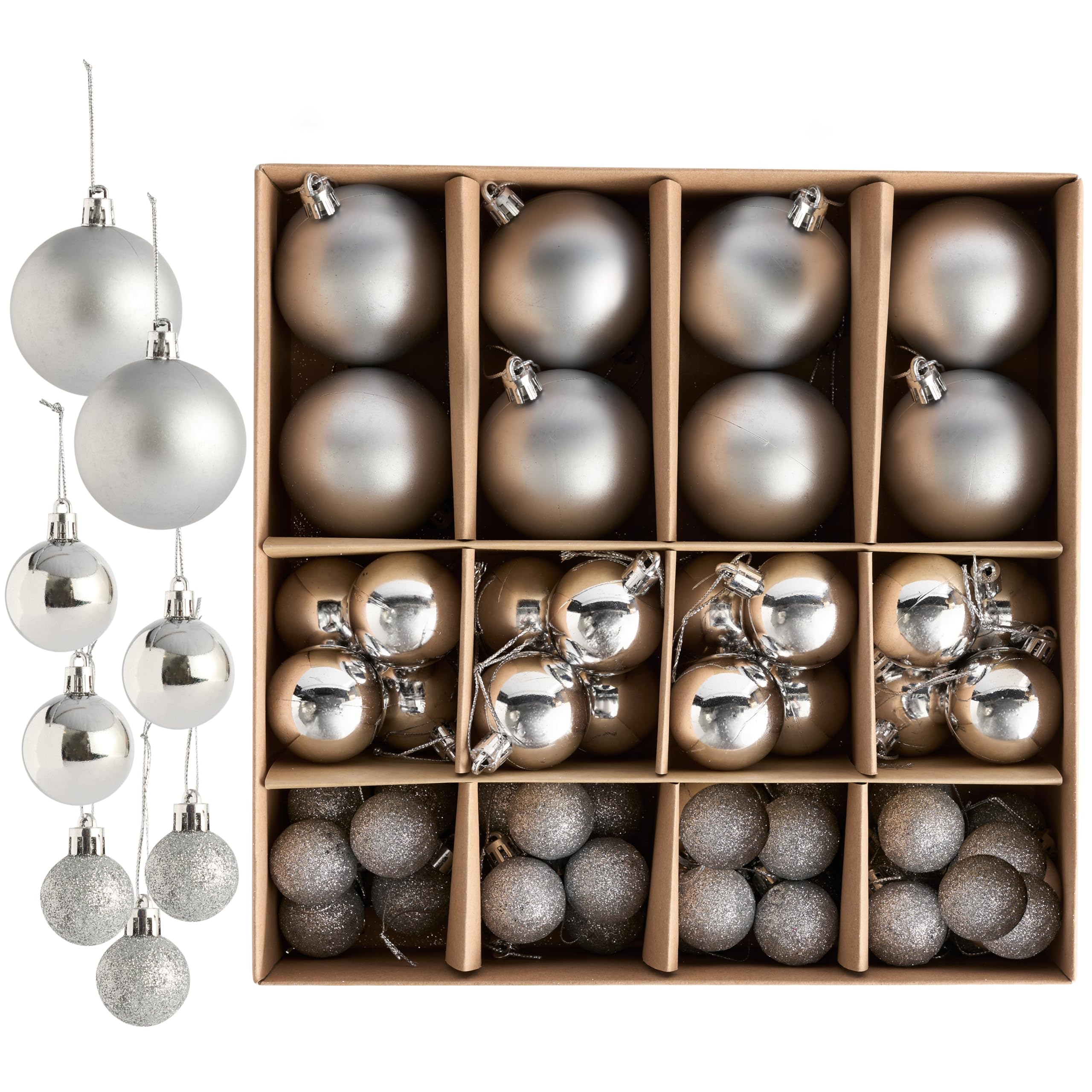 THE TWIDDLERS – 50-Pack Silver Christmas Baubles - Assorted Sizes and Finishes - 6cm, 4cm, 3cm - Matte, Shiny, and Glittery Ornaments for Tree Decoration