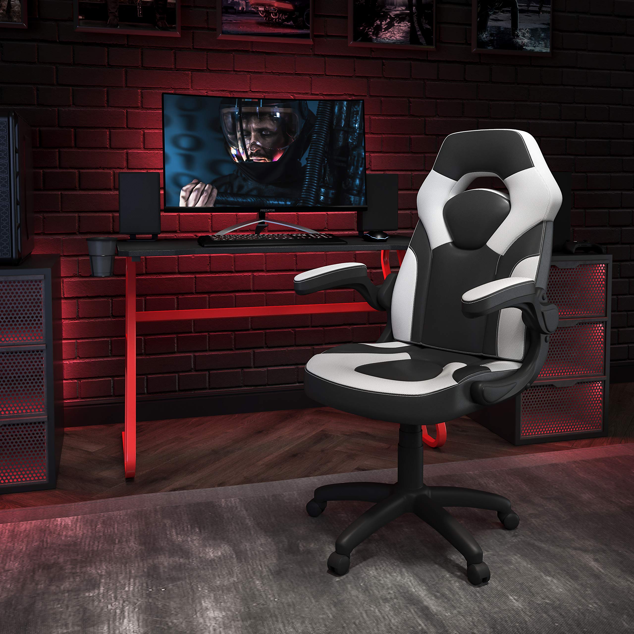 Flash Furniture Juego de escritorio para juegos rojo y silla de carreras blanca/negra con portavasos y gancho para auriculares