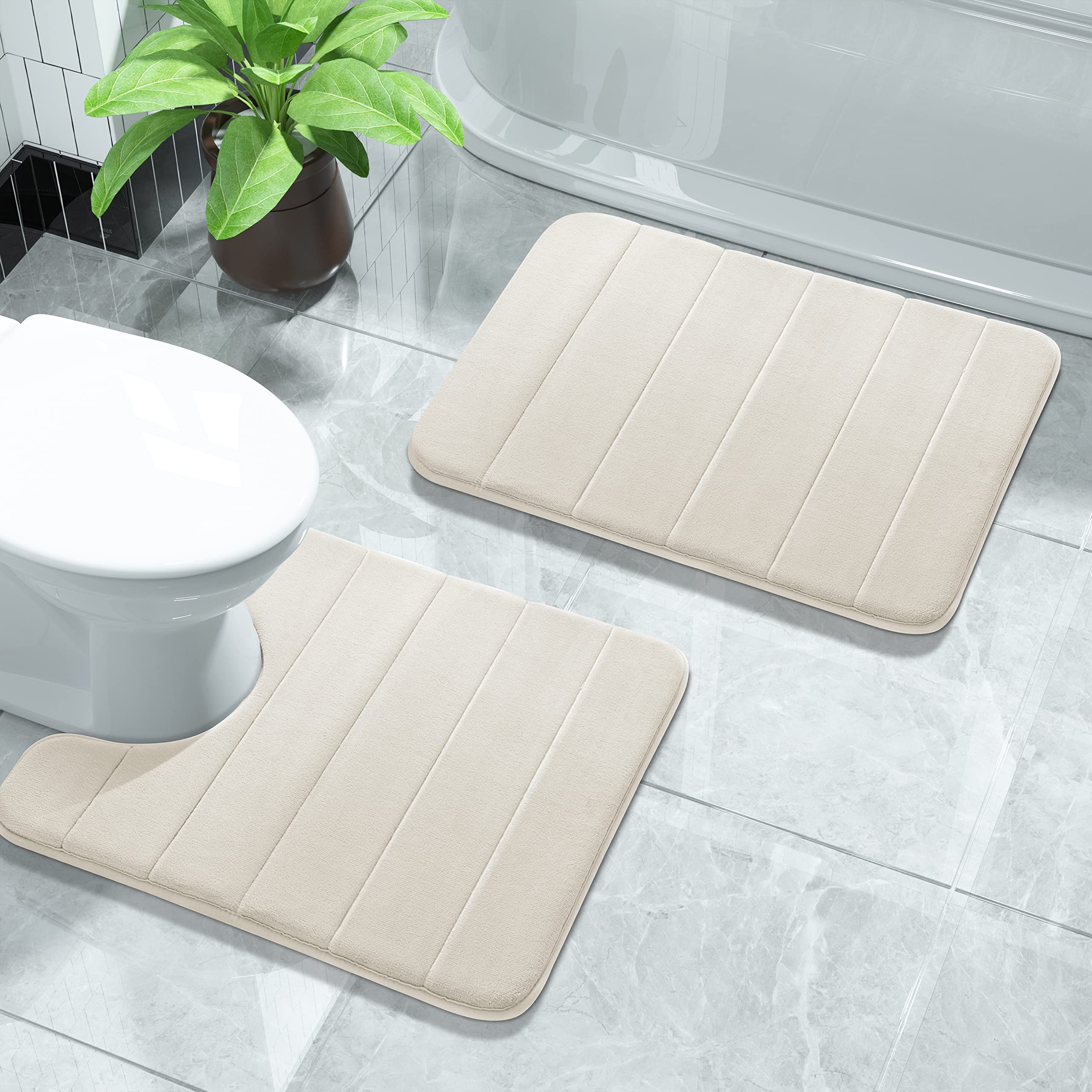 Yimobra Memory Foam Bath Mat Set, 2 Piece Soft Bathroom Rugs, 43x61 cm and 61x52 cm U-Shaped Rugs, Toilet Mat, Water Absorption, Non Slip, Thick, Dry Fast for Bathroom Floor Mat, Cream White — image 1