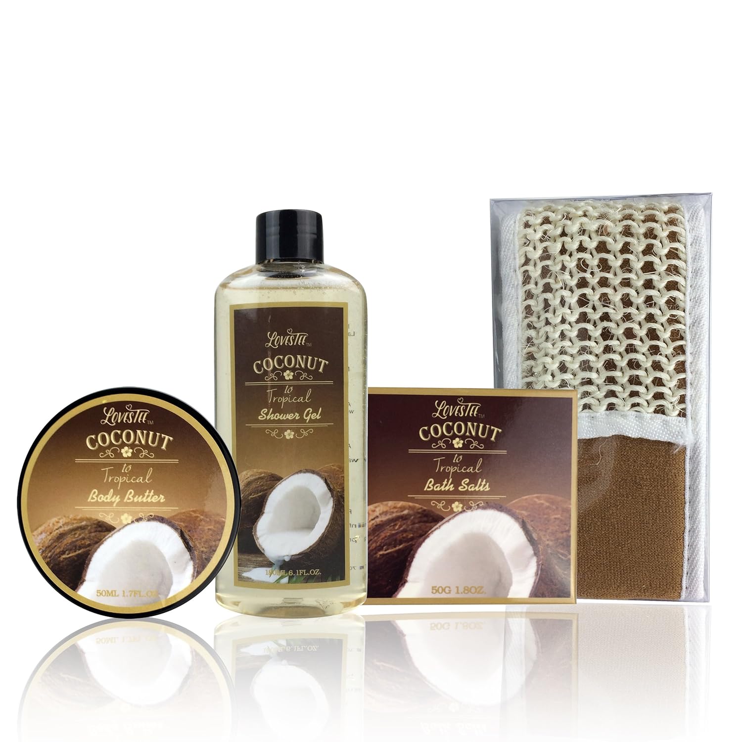 Spa Gift Basket and Bath Set with Refreshing Coconut Fragrance by Lovestee - Bath and Body Gift Set Includes Shower Gel Body Lotion Body Scrub Body Butter Bath Salt and Loofah Back Scrubber : Beauty