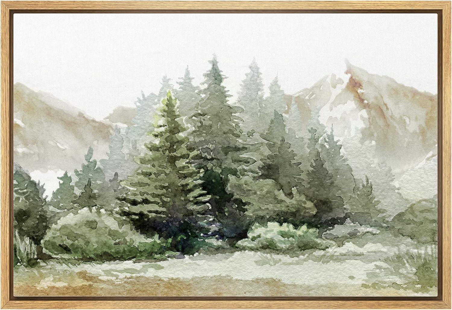 Wall Décor - wall26 Framed Canvas Print Wall Art Woodland Nursery Decor Watercolor Mountain Range and Pine Trees Nature Wilderness Modern Rustic Scenic for Living Room, Bedroom, Office - 24x36 Natural
