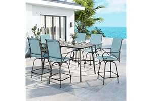 MFSTUDIO Patio Bar Set of 7, Outdoor Bar Height Table and Chairs, 1 x Heavy Duty Metal Slat High Top Bar Table with 6 Pieces Swivel Outdoor Stool, Turquoise Blue