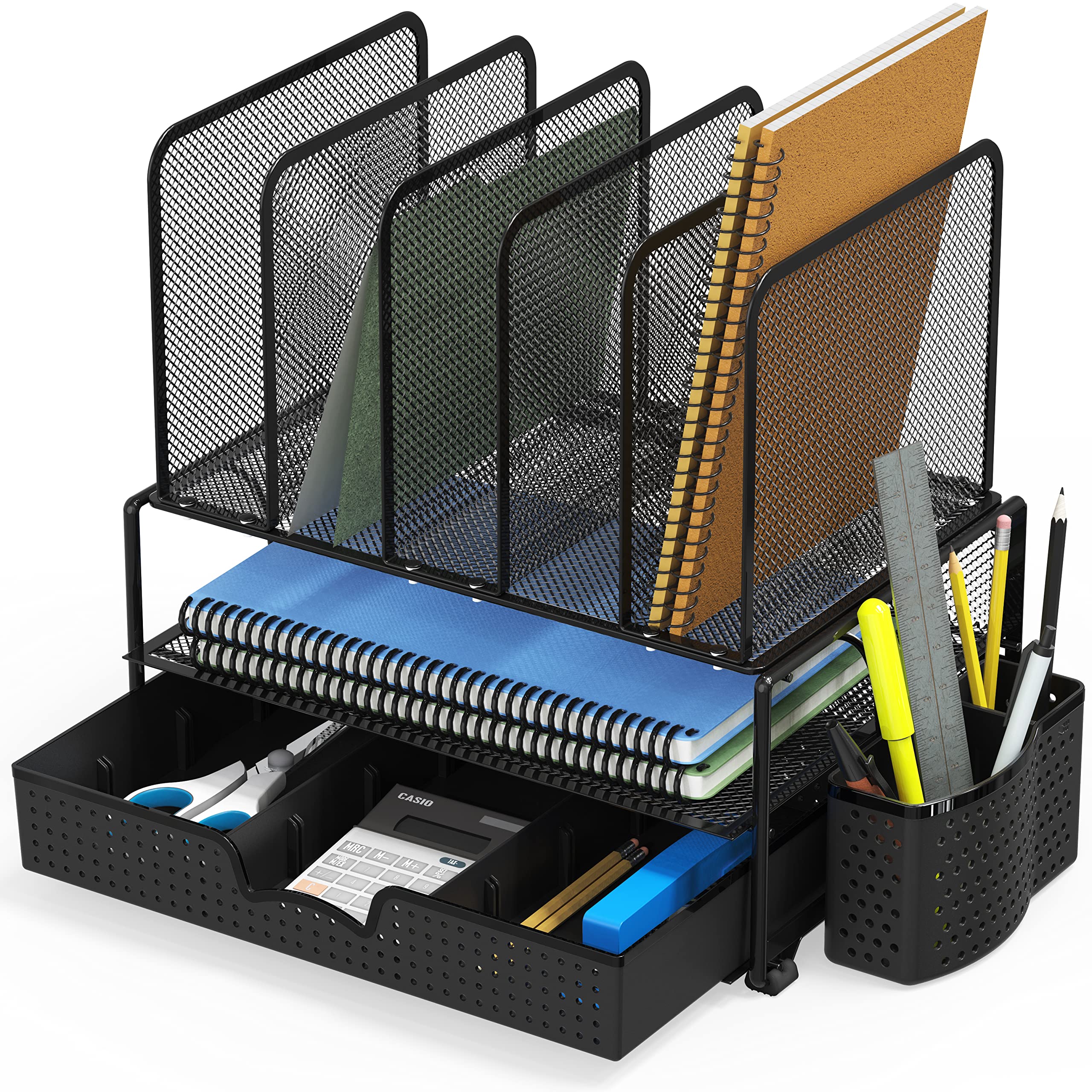 Simple Houseware Mesh Desk Organizer with Sliding Drawer, Double Tray