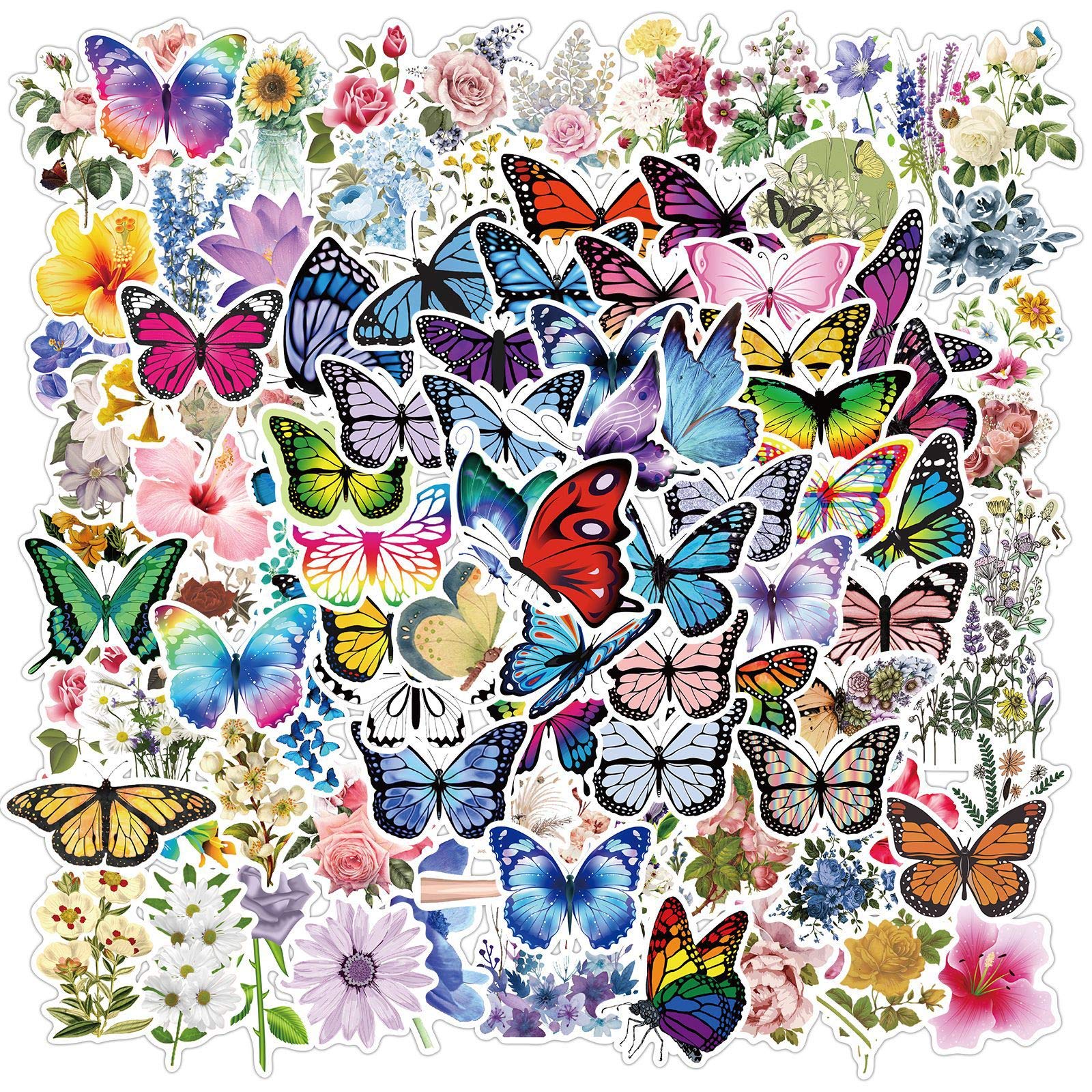Sun Awesome 100 Pcs Aesthetic Waterprof Vinyl Anime Stickers for Water Bottle Laptop Kids Teens Girls Boys Adults (Butterflies and Flowers)