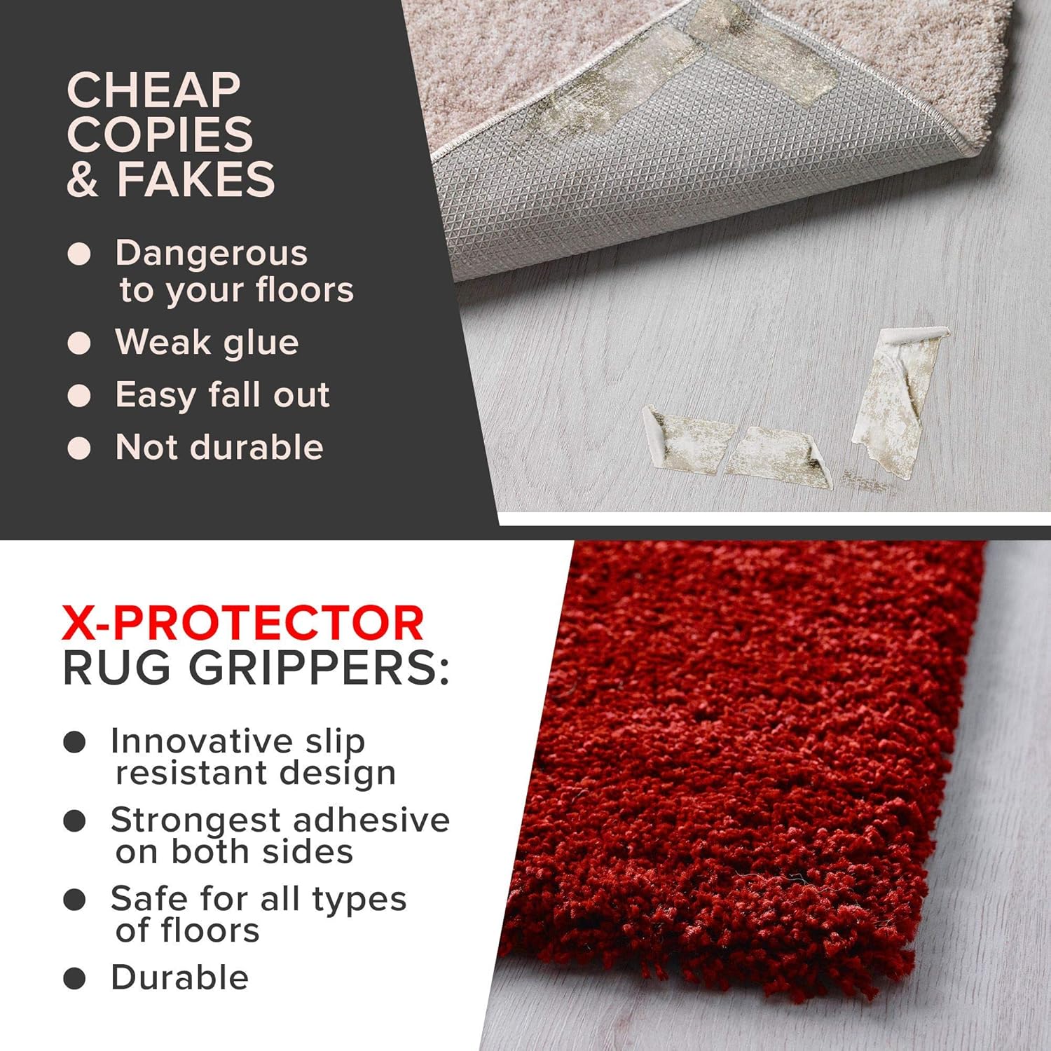 X-Protector Rug Grippers Best 4 pcs Anti Curling Rug Gripper - Keeps Your Rug in Place & Makes Corners Flat -Triangle Carpet Gripper with Renewable Carpet Tape – Ideal Non Slip Rug Pad for Your Rug!: Furniture & Decor
