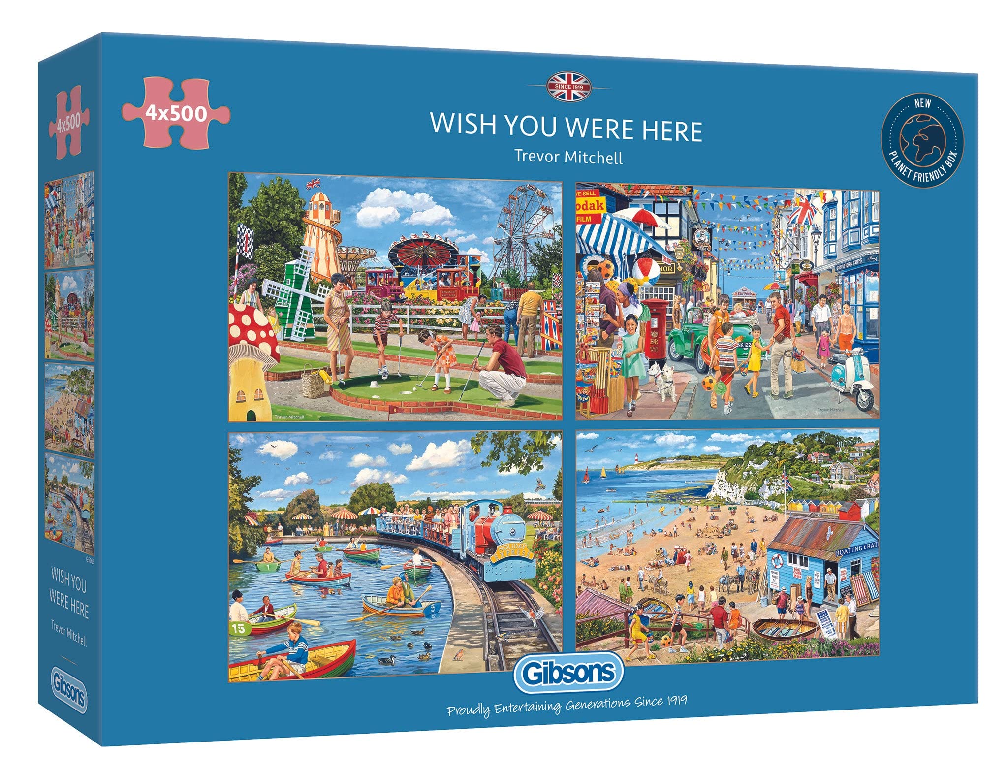 Gibsons Wish You Were Here 4 x 500 Piece Jigsaw Puzzle Set for Adults – Multi-Box Holiday Puzzle Collection by Trevor Mitchell – Premium Sustainable Puzzles — image 1