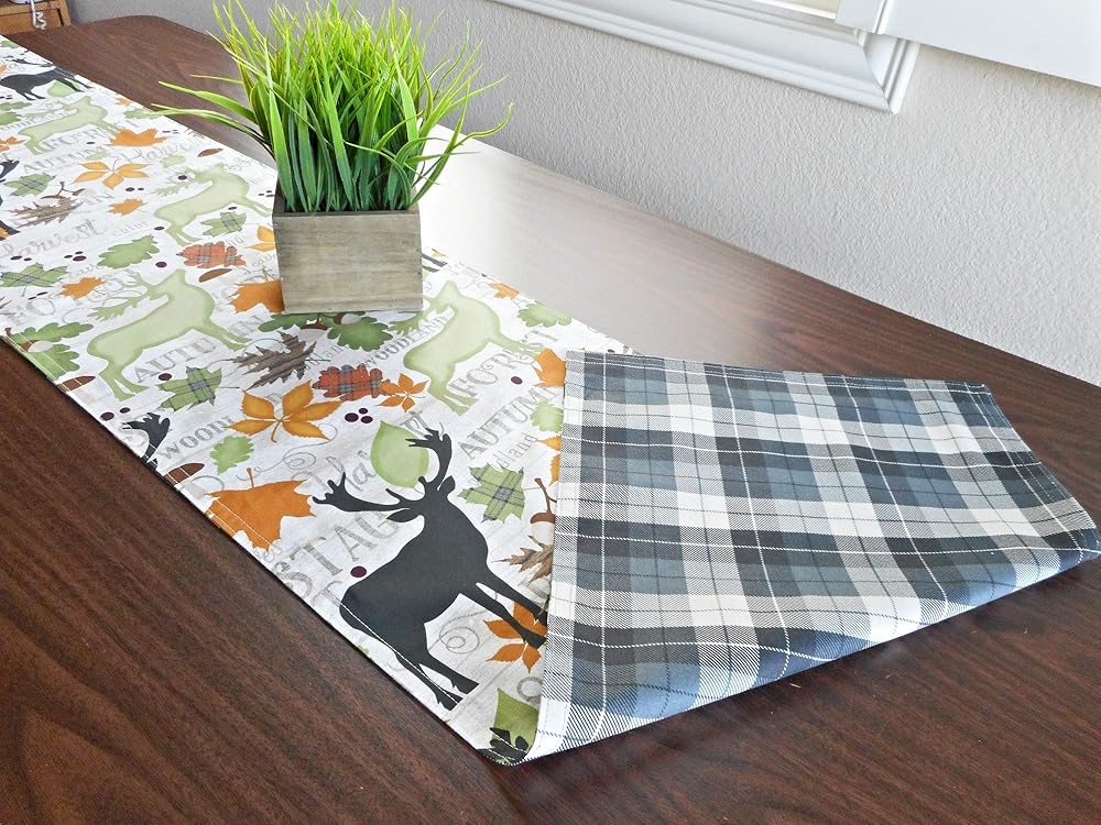 Fall Table Runner Rustic Woodland Plaid Moose Acorns Black