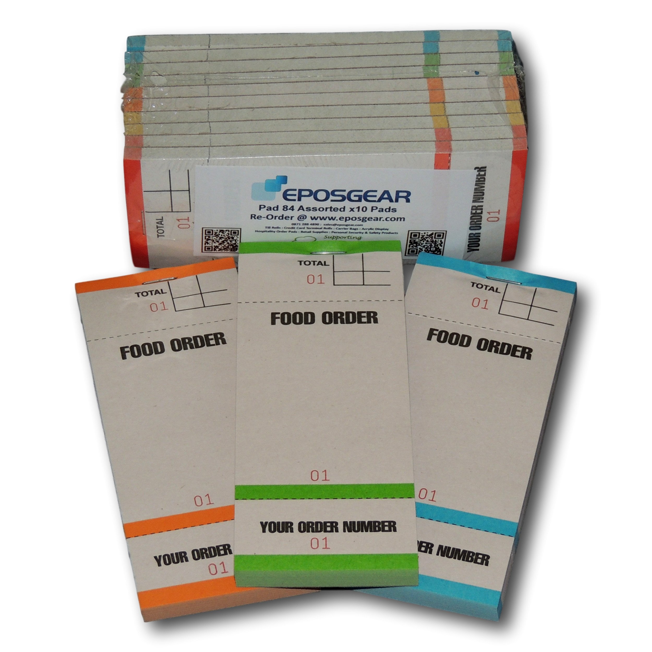 EPOSGEAR Single Copy Tear-Off Slip Coloured Restaurant Cafe Takeaway Pub Food Waiter Waitress Numbered Order Pads - 63mm x 152mm (10)
