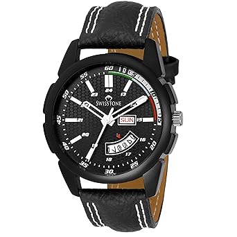Swisstone OCTAN325-BLAK Black Leather Strap Wrist Watch for Men