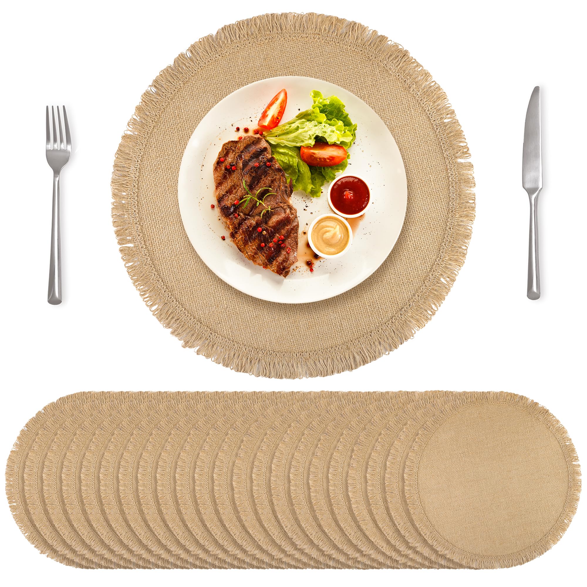 Photo 1 of Aneco 24 Pcs Jute Placemats, 15 Inch Round Burlap Placemats, Boho Natural Jute with Fringe Table Mat, Heat Resistant Natural Farmhouse Table Mats for Wedding Birthday Party Dining Tables Decor